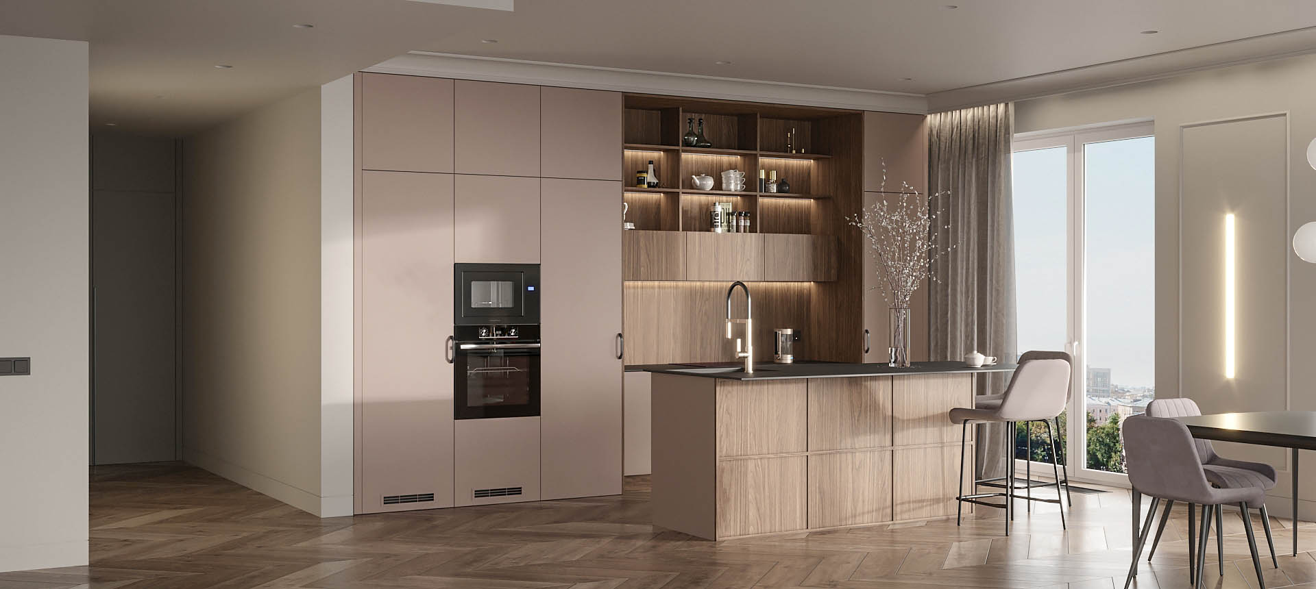 Розовый кварц матовый / Орех Калифорния 