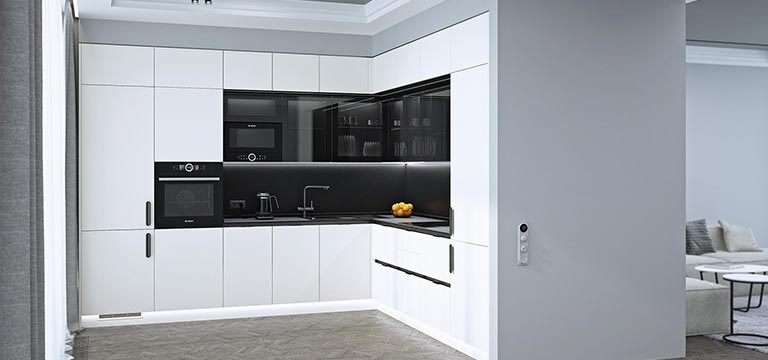 Белая кухня с черной столешницей + 20 фото