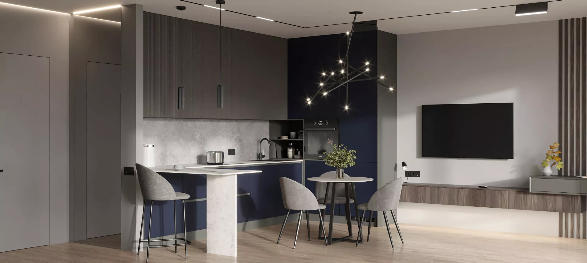 Аквамарин матовый / Дуб Титановый 