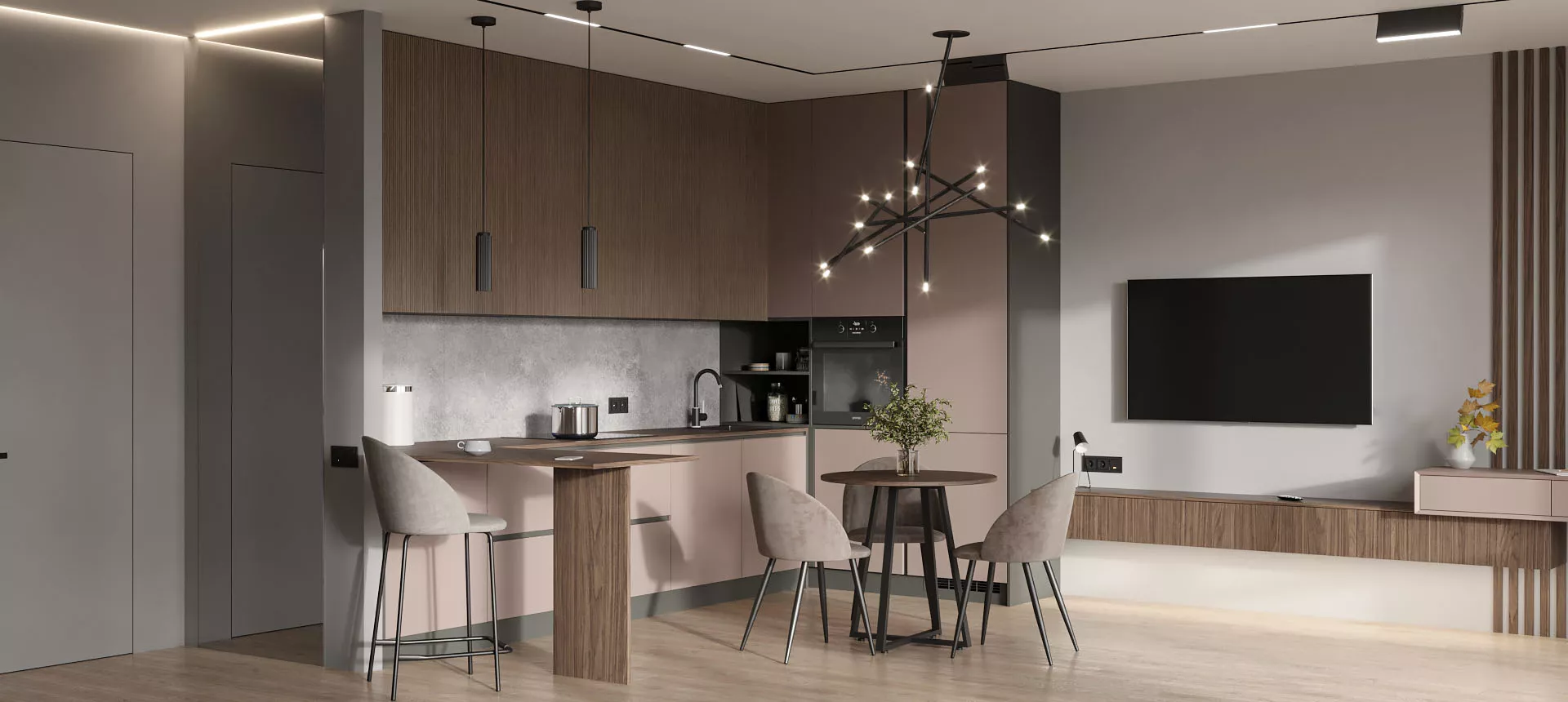 Розовый кварц матовый / Орех грецкий 