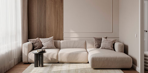 Светлая функциональная квартира  в бежевых тонах для семьи из трех человек