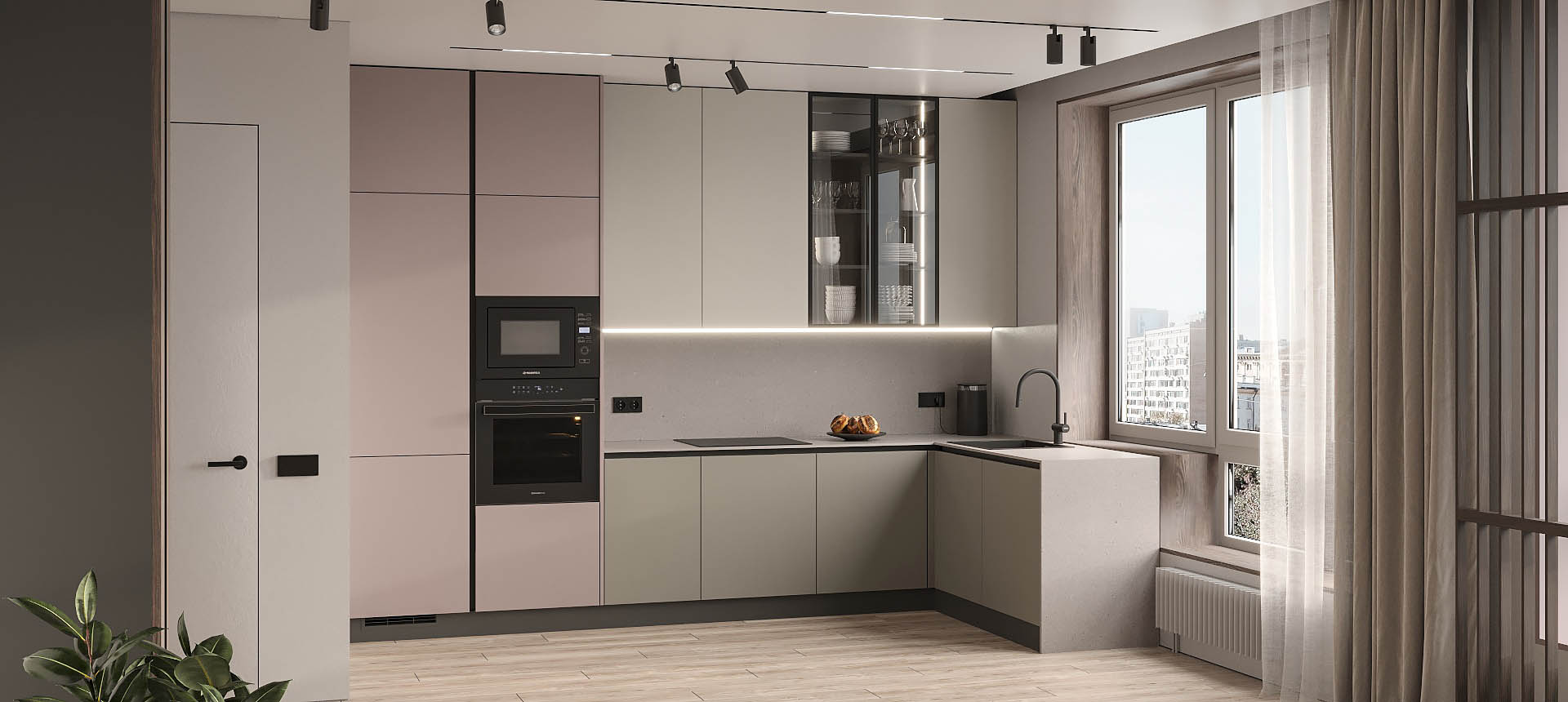 Пепельный Аметист матовый / Розовый кварц матовый 