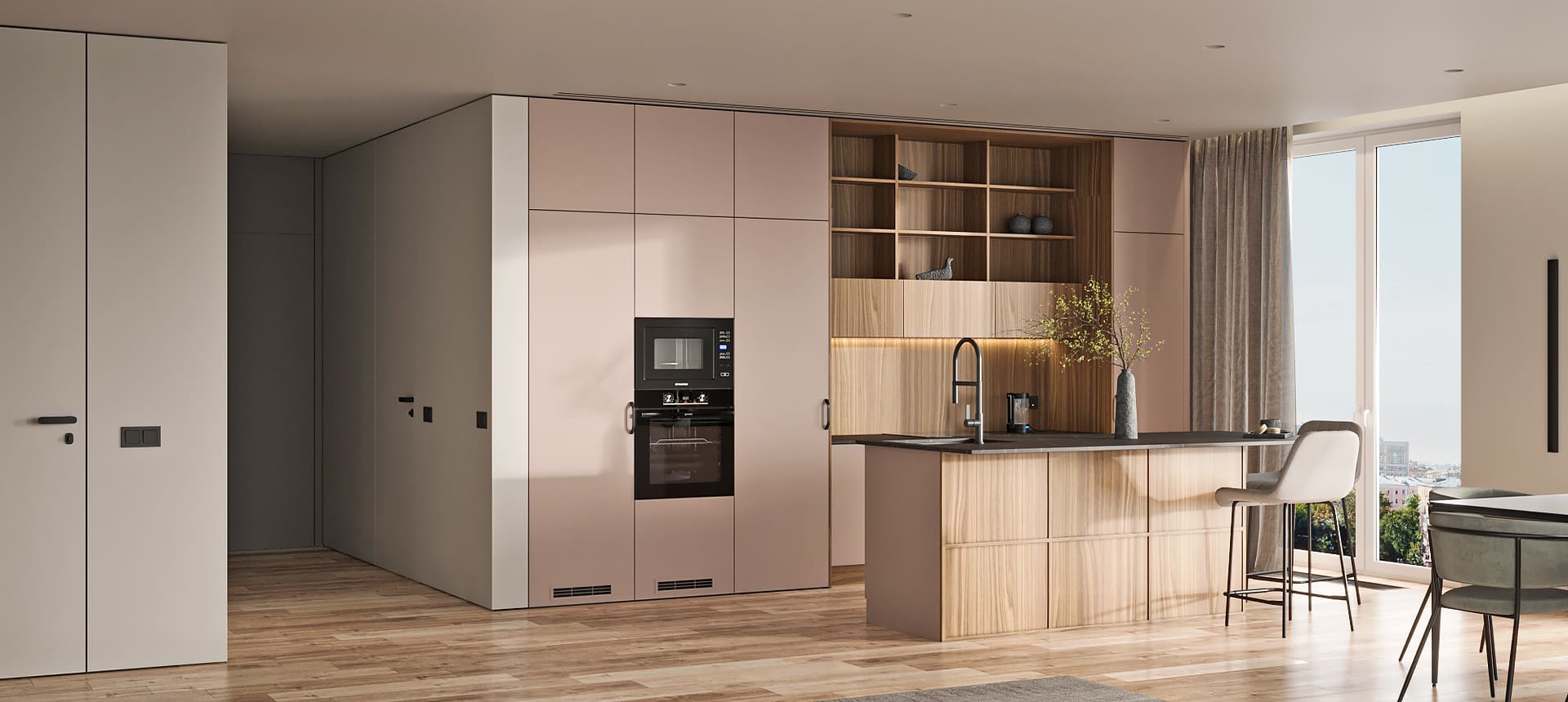 Розовый кварц матовый / Орех&nbsp;Калифорния&nbsp;