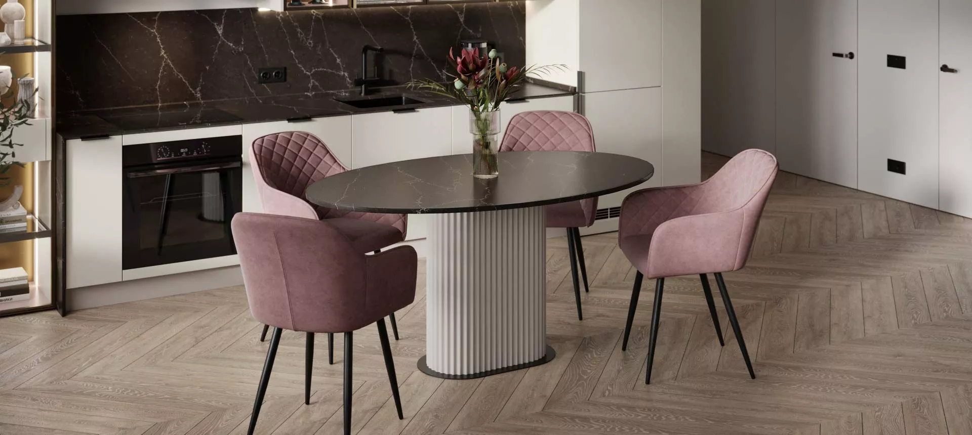 кварцевый агломерат цвет Ницца Ноир / эмаль цвет Pantone 15-4502 