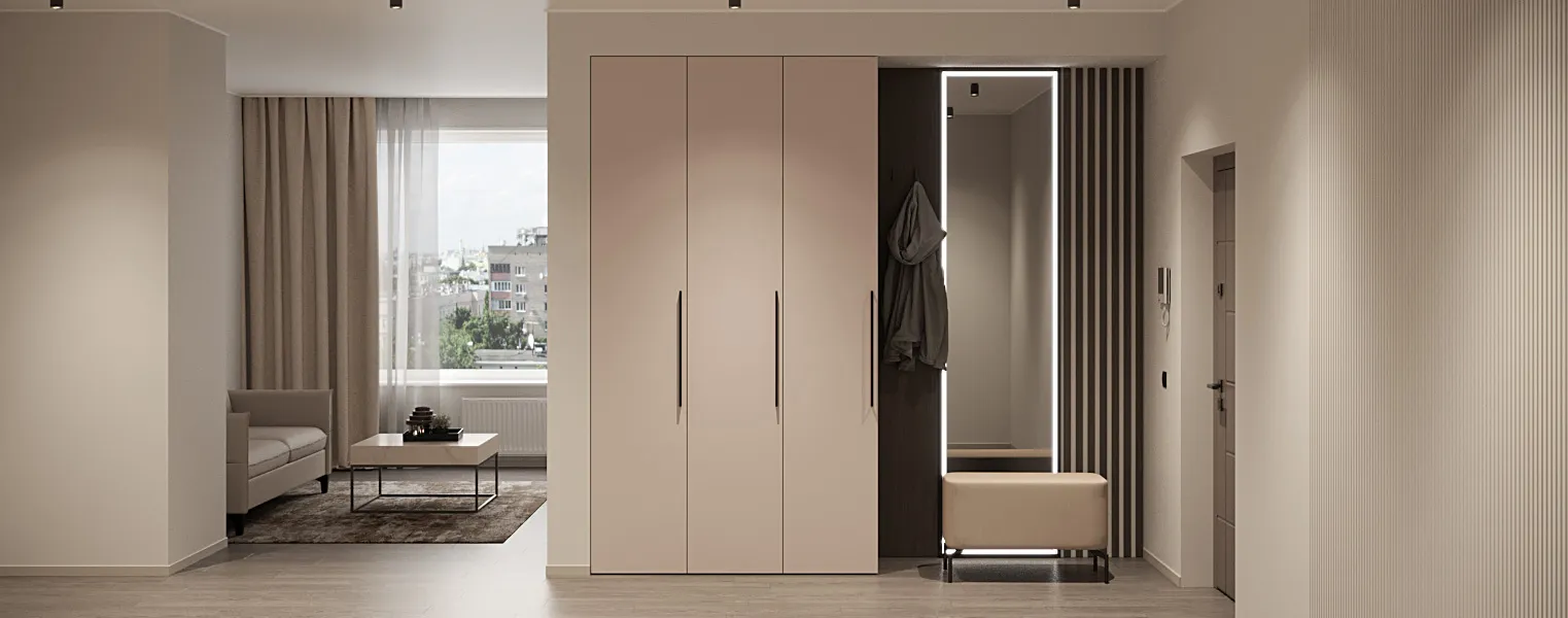 Трёхдверный распашной шкаф с зеркалом в прихожую - фото No 1