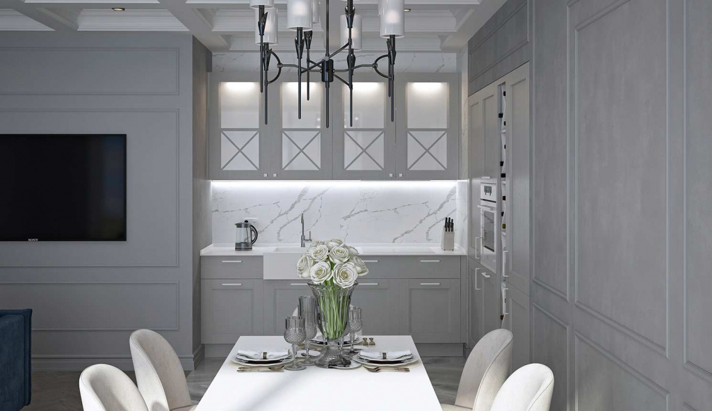 Неоклассическая кухня с фартуком в тон столешнице