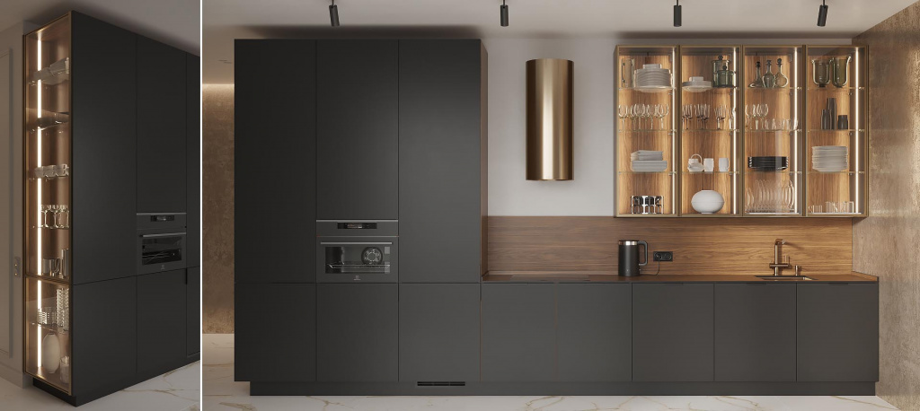 Гарнитур с черной матовой поверхностью и элементами под золото