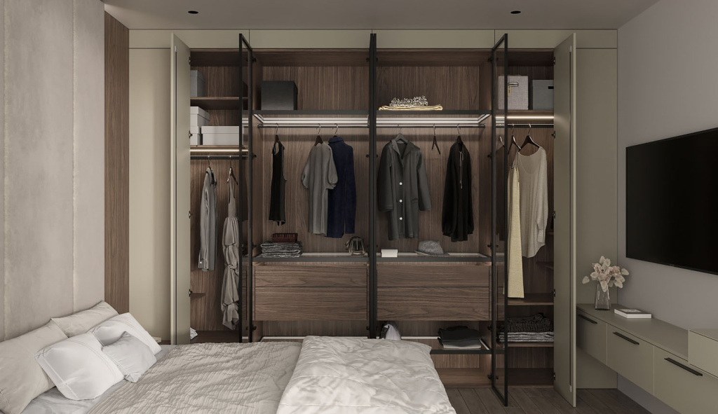 Как спроектировать вместительный шкаф в маленькой спальне - фото №23