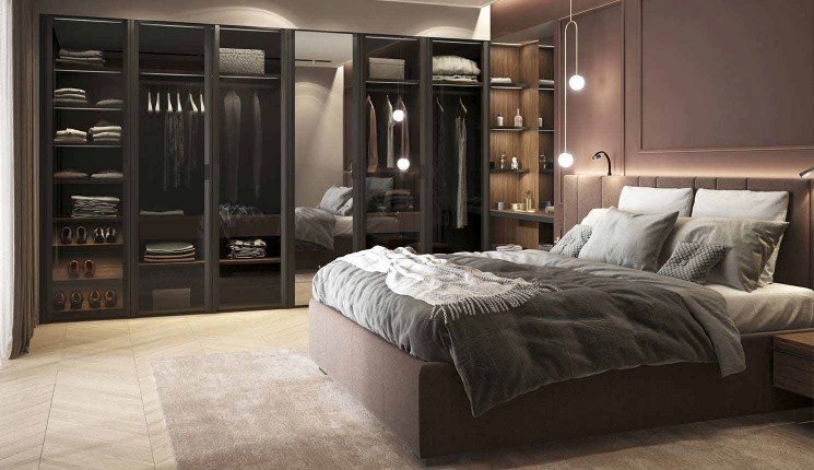 Встроенный шкаф со стеклом и зеркалом в спальню