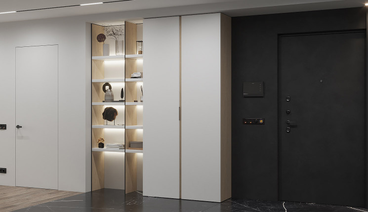 Белый шкаф в прихожую со стеллажом