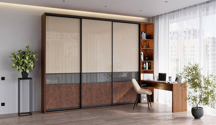 Шкаф-купе в гостиную с полками и столом